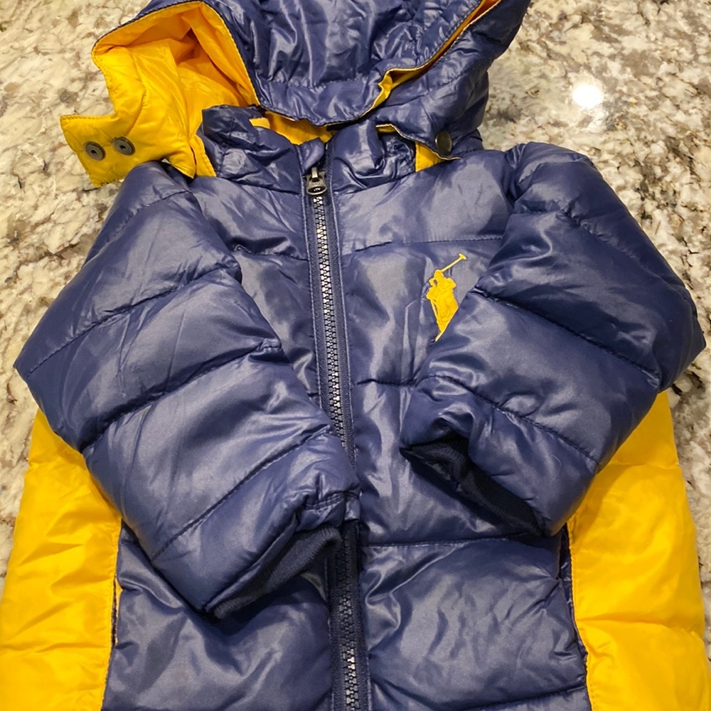 EUC Navy and yellow polo puffer jacket size 12 months